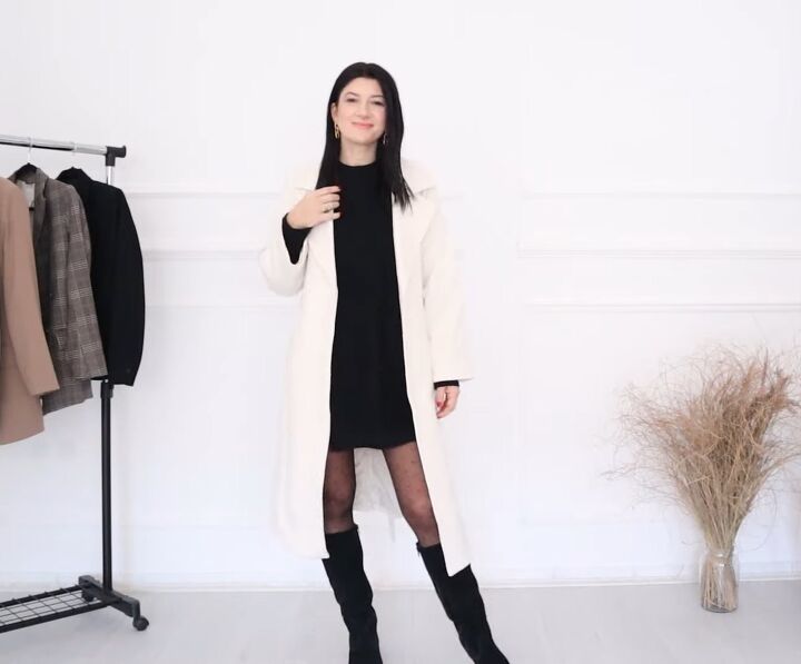 9 cute ways to style a black sweater dress, Long coat