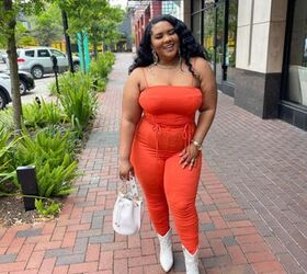 spring 2023 color we are loving morgan b styles, Morgan B wearing Orange Flaunt It Ruched Set with white cowboy boots and a mini croc skin bucket bag