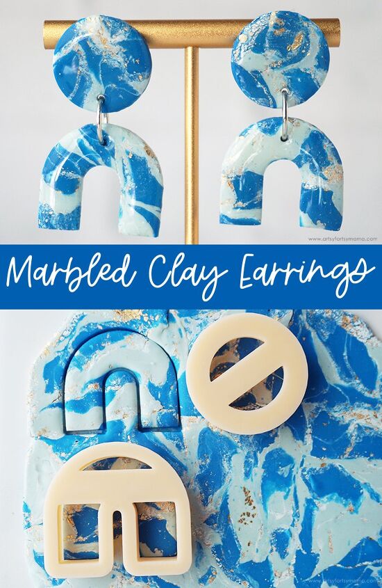 marbled polymer clay earrings, Gold Leaf Marble Clay Earrings