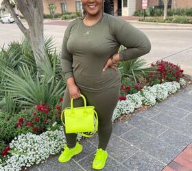 how to transition your fall outfits into the spring season morgan b, Morgan B wearing an olive green two piece set with a neon green handbag and sneakers