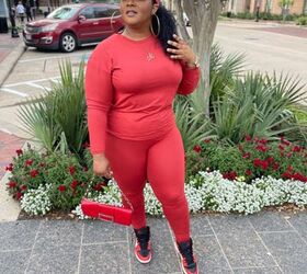 how to transition your fall outfits into the spring season morgan b, Morgan B wearing a solid rust orange two piece set with a red handbag and red and black Jordan one s sneakers