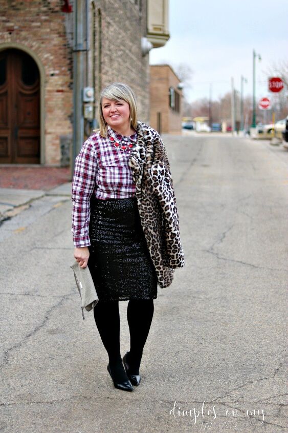 three ways to style a sequin pencil skirt, Sequin skirt Plaid shirt and Leopard Print Faux Fur Coat One Sequiin Pencil Skirt Styled 3 Ways How to Wear a Sequin Skirt Fashion over 50 Office wear for women over 50 Office wear for curvy women