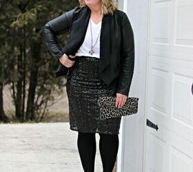 three ways to style a sequin pencil skirt, Sequin Pencil Skirt Faux Leather Jacket and Booties Date Night Attire for women over 50 Fashion for Curvy Women Over 50 How to style a sequin pencil skirt 3 ways