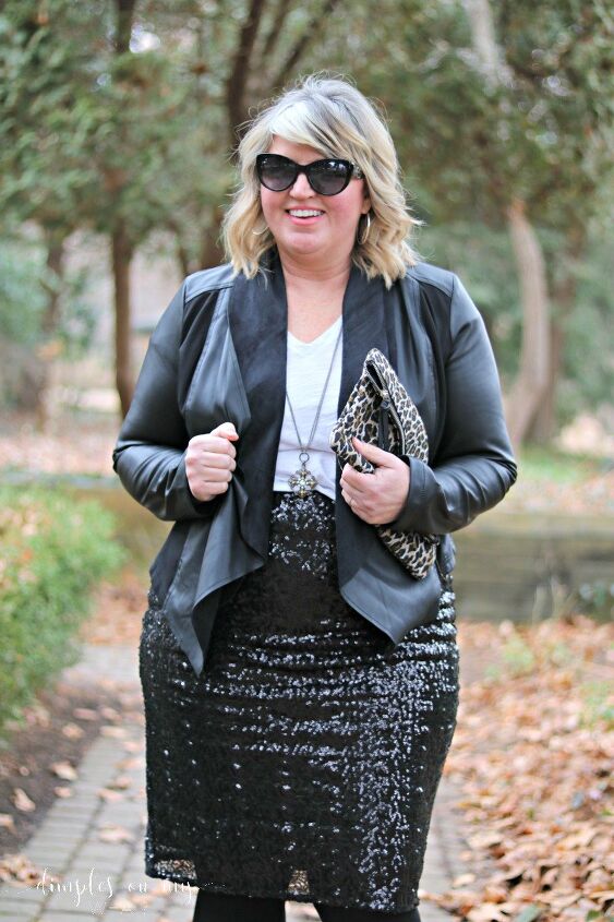three ways to style a sequin pencil skirt, Sequin Pencil Skirt Faux Leather Jacket and Booties Date Night Attire for women over 50 Fashion for Curvy Women Over 50 How to style a sequin pencil skirt 3 ways