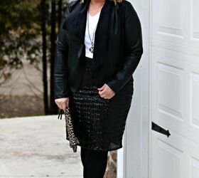 three ways to style a sequin pencil skirt, Sequin Skirt wearing XL Faux Leather Jacket wearing XL T Shirt wearing XL Booties similar sock bootie Leopard Clutch similar Necklace similar Earrings