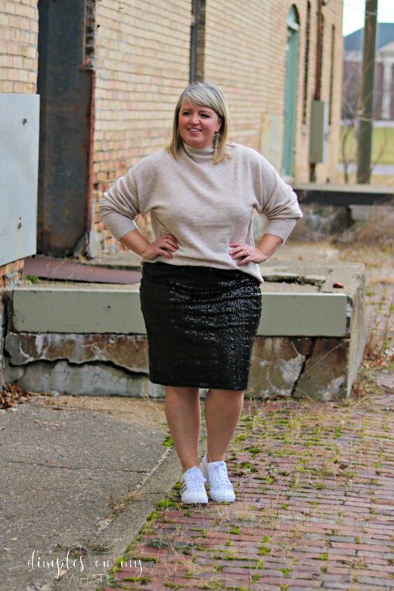 three ways to style a sequin pencil skirt, How to style a sequin skirt for casual wear Sequin skirt and casual sweater and sneakers Curvy casual fashion Plus Size fashion Fashion for women over 50