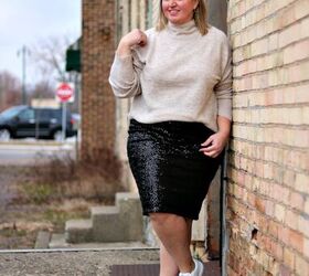 three ways to style a sequin pencil skirt, Sequin Skirt wearing XL Sweater Sneakers Earrings