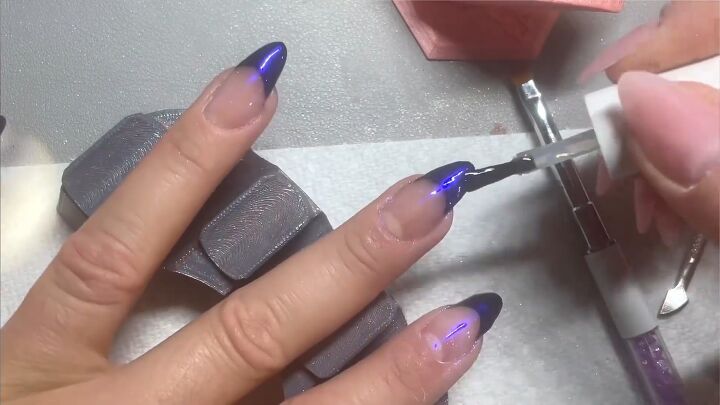easy chrome french tip nails tutorial, Applying top coat