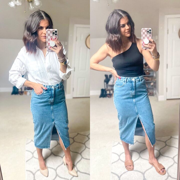 7 ways to style a midi denim skirt