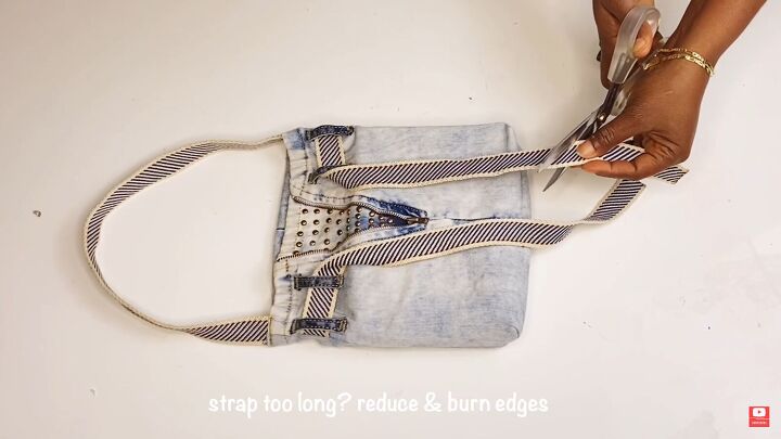 how to diy a cute denim bag from old jeans, Trimming rope