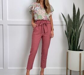how to wear paper bag pants for work, paperbag pants floral top