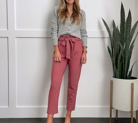 how to wear paper bag pants for work, paperbag pants gray sweater