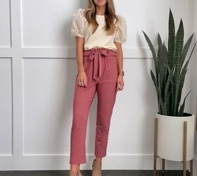how to wear paper bag pants for work, paperbag pants white blouse