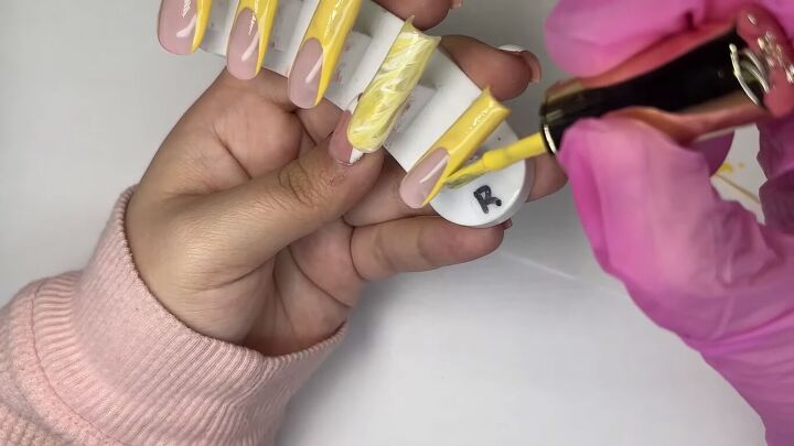 how to create cute french tip yellow nails for spring, Filling in pastel yellow French tip nails