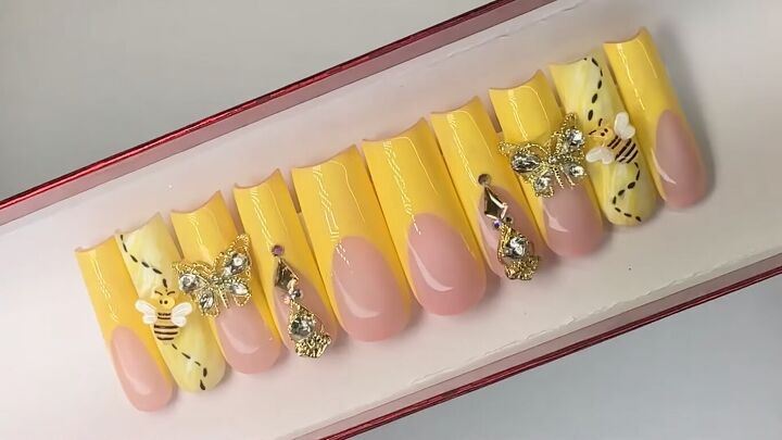 how to create cute french tip yellow nails for spring, French tip yellow nails