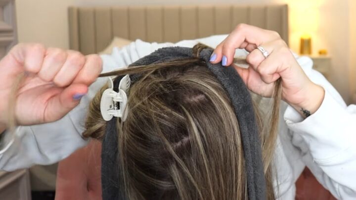 how to create gorgeous heatless curls with a robe tie, Braiding around robe