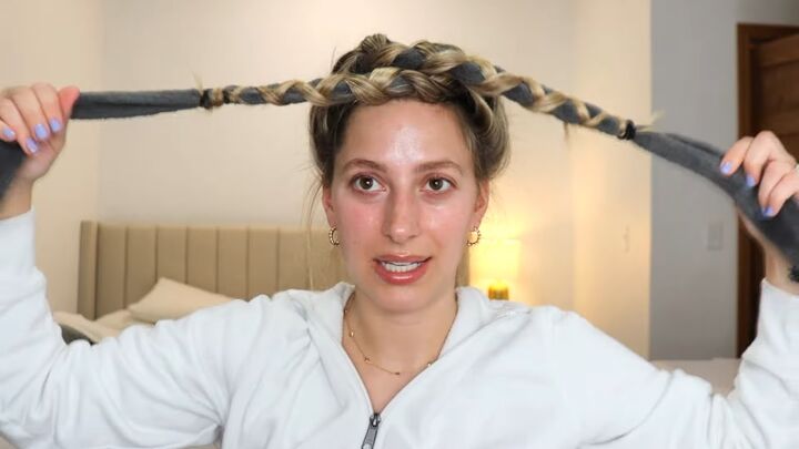 how to create gorgeous heatless curls with a robe tie, Tying braids together