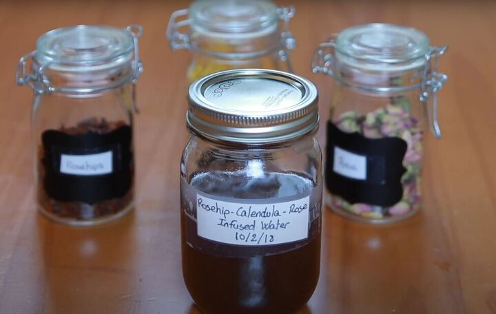 easy diy rosehip water for healthy hair, Labeled jars