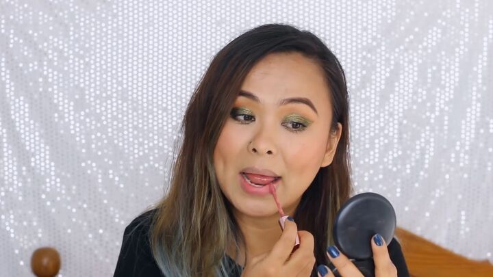 green eyeshadow look easy wedding guest makeup tutorial, Applying lip tint
