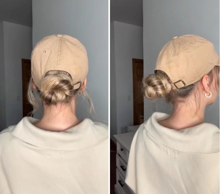 how to wear a cute low bun hairstyle with hat, Low bun with hat