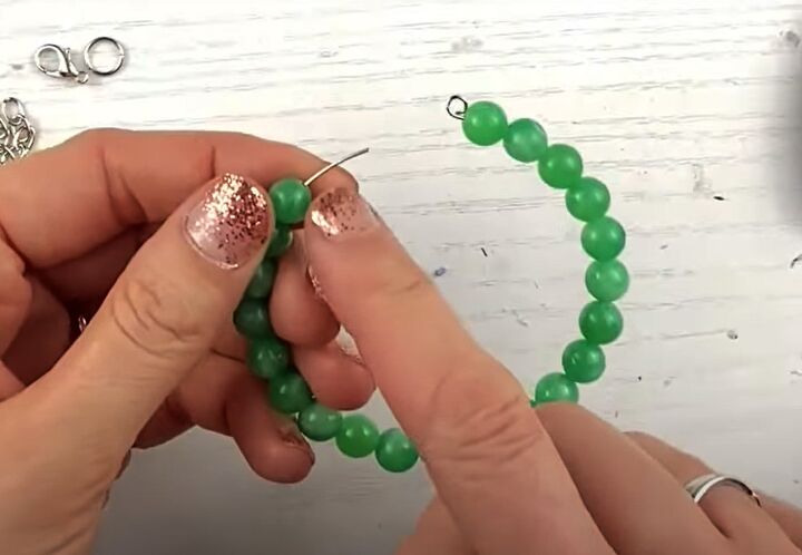 how to diy an easy green beaded bracelet, Threading beads