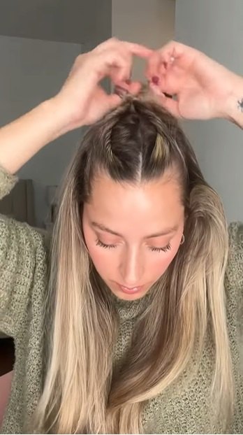 easy half up twist bun hairstyle tutorial, Tying sections