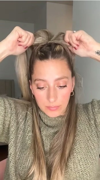 easy half up twist bun hairstyle tutorial, Tying half ponytail