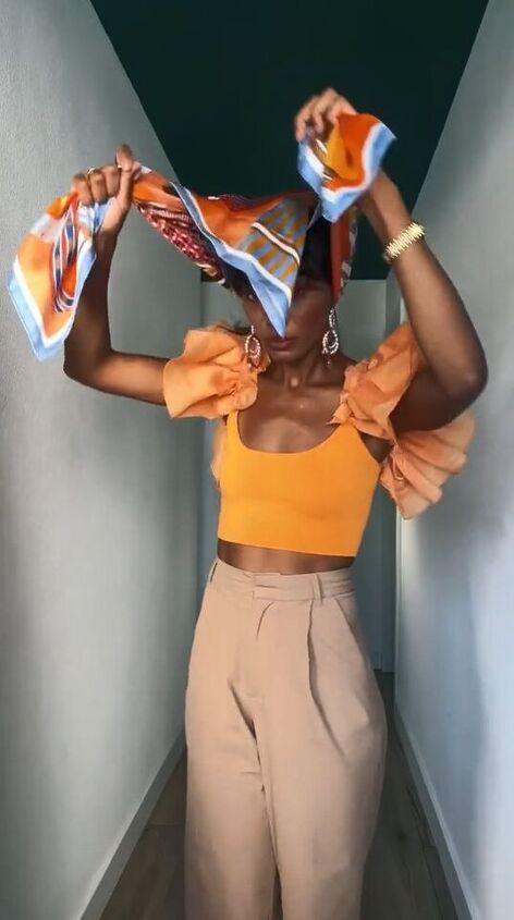 this is such a unique way to elevate an updo this summer, Knotting and flipping scarf
