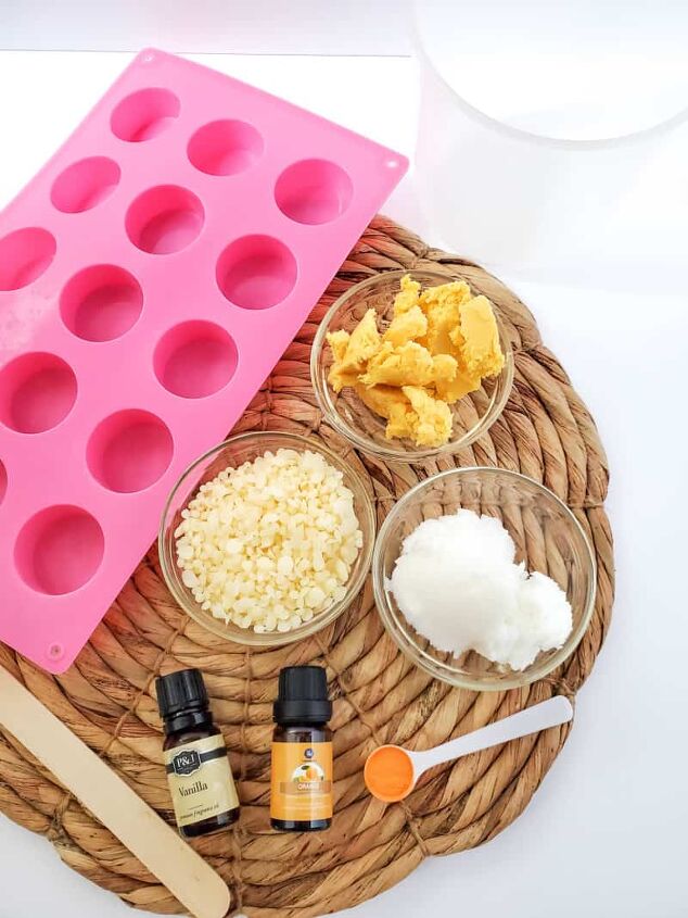 how to make a lotion bar, ingredients to make lotion bars on a wicker mat