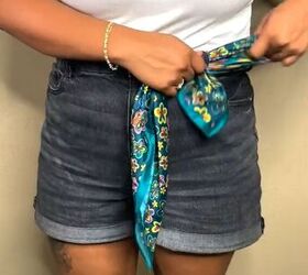 make your shorts fit better with a silk scarf, Placing scarf through belt loops