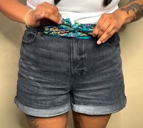make your shorts fit better with a silk scarf, Tying bow
