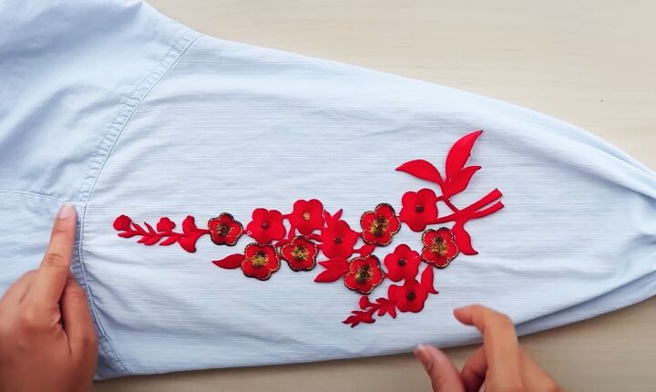 easy men s shirt refashion how to diy an embroidered floral top, Ironing on embroidery patches