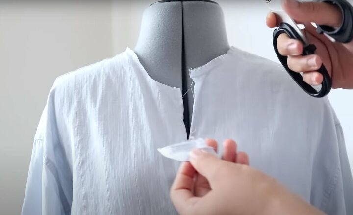 easy men s shirt refashion how to diy an embroidered floral top, Shaping the neckline