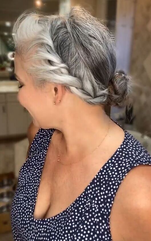 this hairstyle looks fabulous with your gray hair, Making bun