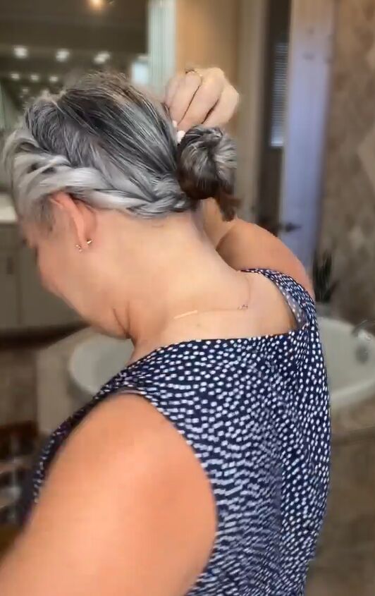 this hairstyle looks fabulous with your gray hair, Making bun