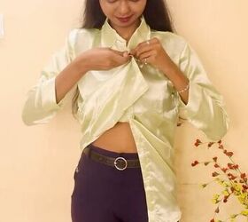 turn your satin button down into a crop top for summer, Crossing buttons