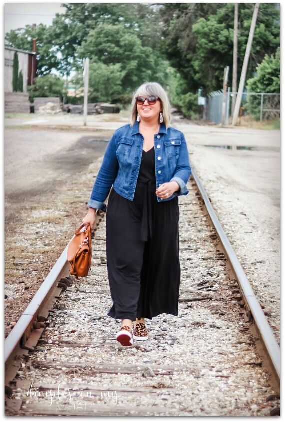 one little black jumpsuit styled two ways, Jumpsuit sold out similar similar plus Cropped Denim Jacket old similar Leopard Sneakers limited sizes similar similar Handbag Stack Ring Earrings