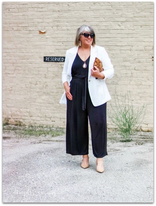 one little black jumpsuit styled two ways, Jumpsuit sold out similar plus Blazer Misses Plus Sizes wearing size 16W Nude Pumps similar Necklace Leopard Clutch Earrings Stack Rings
