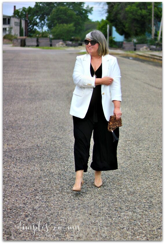 one little black jumpsuit styled two ways, Dress up a black jumpsuit with a white blazer fashionforwomenover40 plussizefashion agelessstyle blackjumpsuit