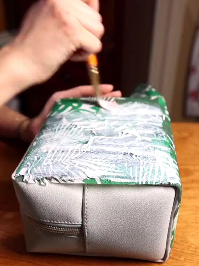 diy 3 target napkins into a beautiful bag, Applying Mod Podge over napkin