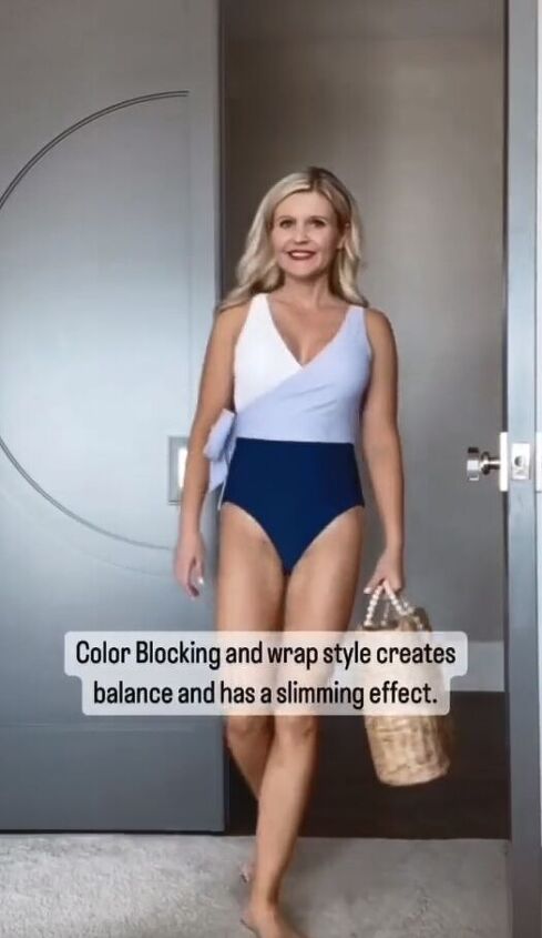guide to finding the best mom friendly swimsuits, Color blocked wrap suit