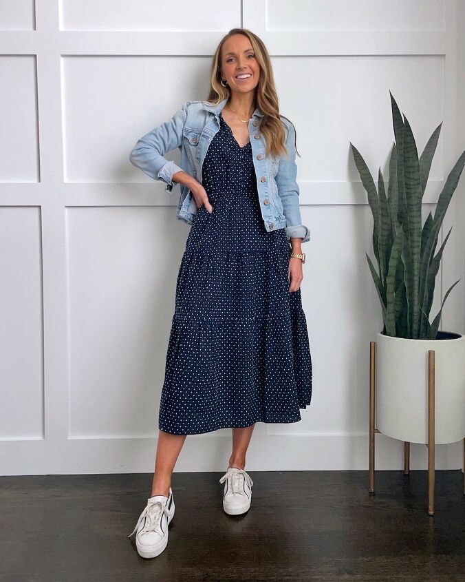 how to change up a dress with accessories and layers, polka dot dress with denim jacket