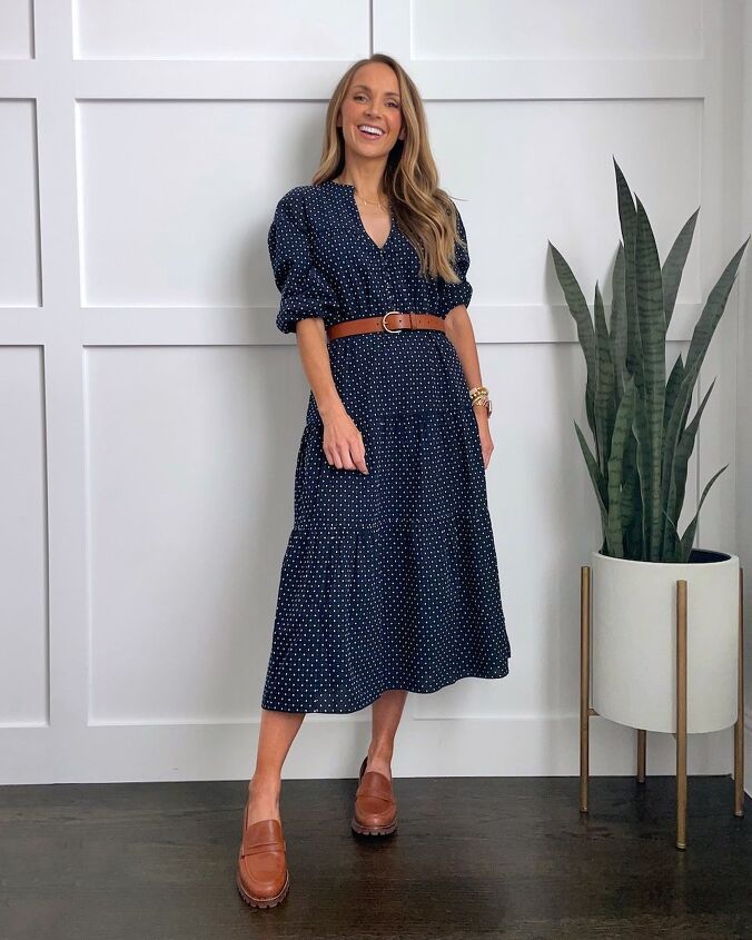 how to change up a dress with accessories and layers, polka dot dress with brown belt
