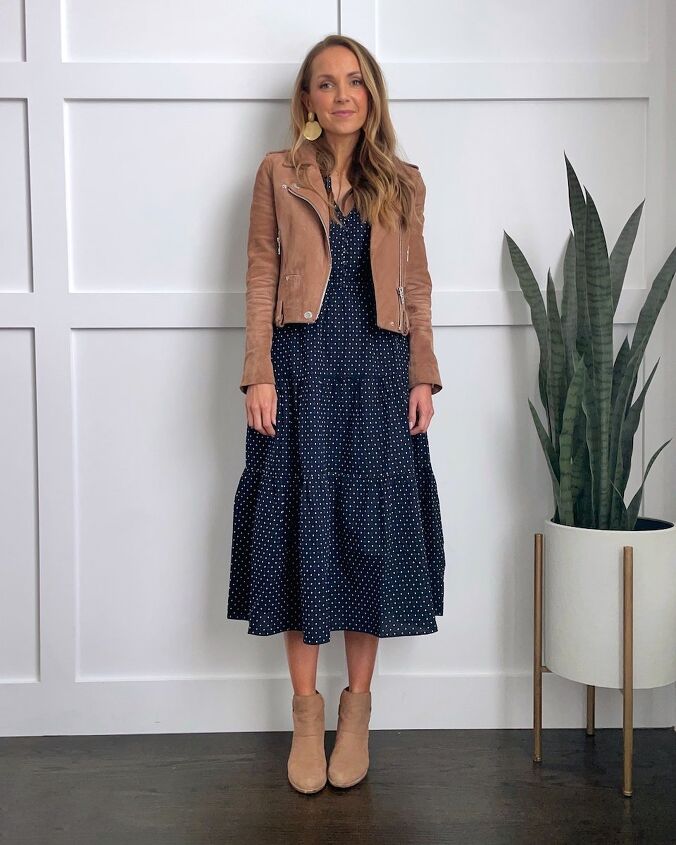 how to change up a dress with accessories and layers, polka dot dress with suede jacket