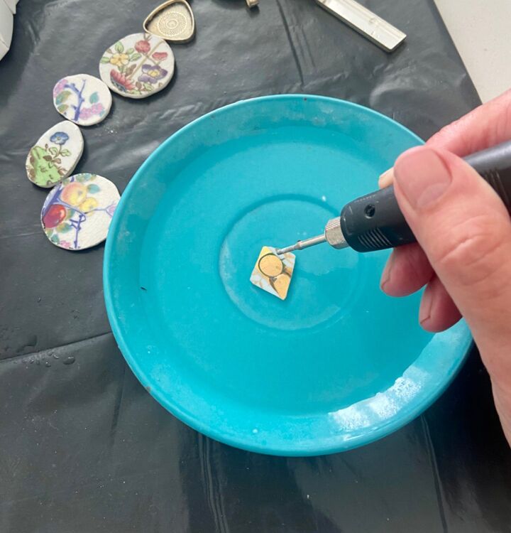 how to create beautiful earrings from old ceramic crockery, Drilling a hole