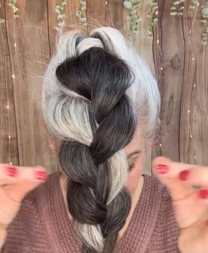 i love to wear my natural gray hair in a bun like this, Loosening braid