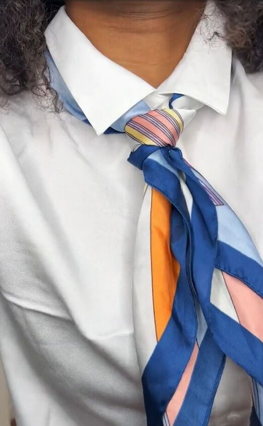 turn your scarf into a tie with this easy tutorial, Silk scarf styled as a tie