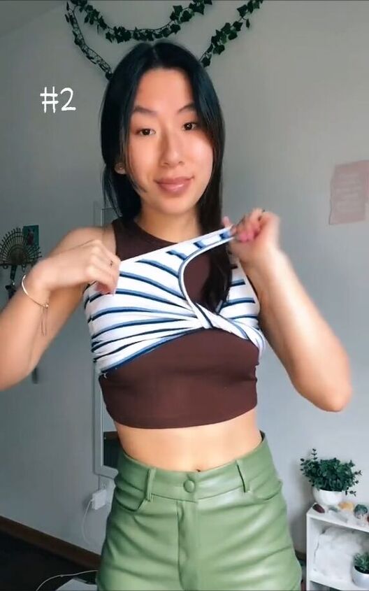 3 ways to turn your tank top into a crop top, Style 2 One shoulder