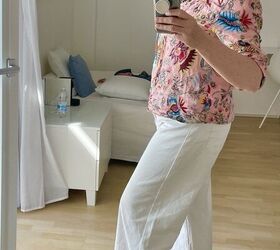how to style rocking white wide leg pants a peach top and a jean jac, wide leg pants peach top