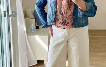 How to Style Rocking White Wide Leg Pants, a Peach Top, and a Jean Jac